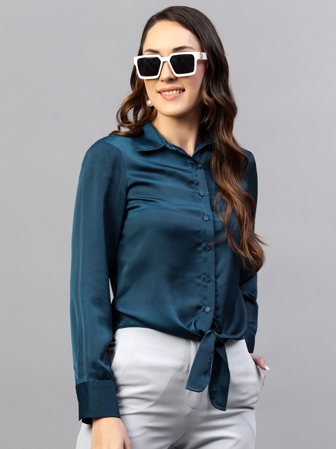 

Hencemade Cuffed Sleeve Waist Tie-Up Shirt Style Satin Top, Teal