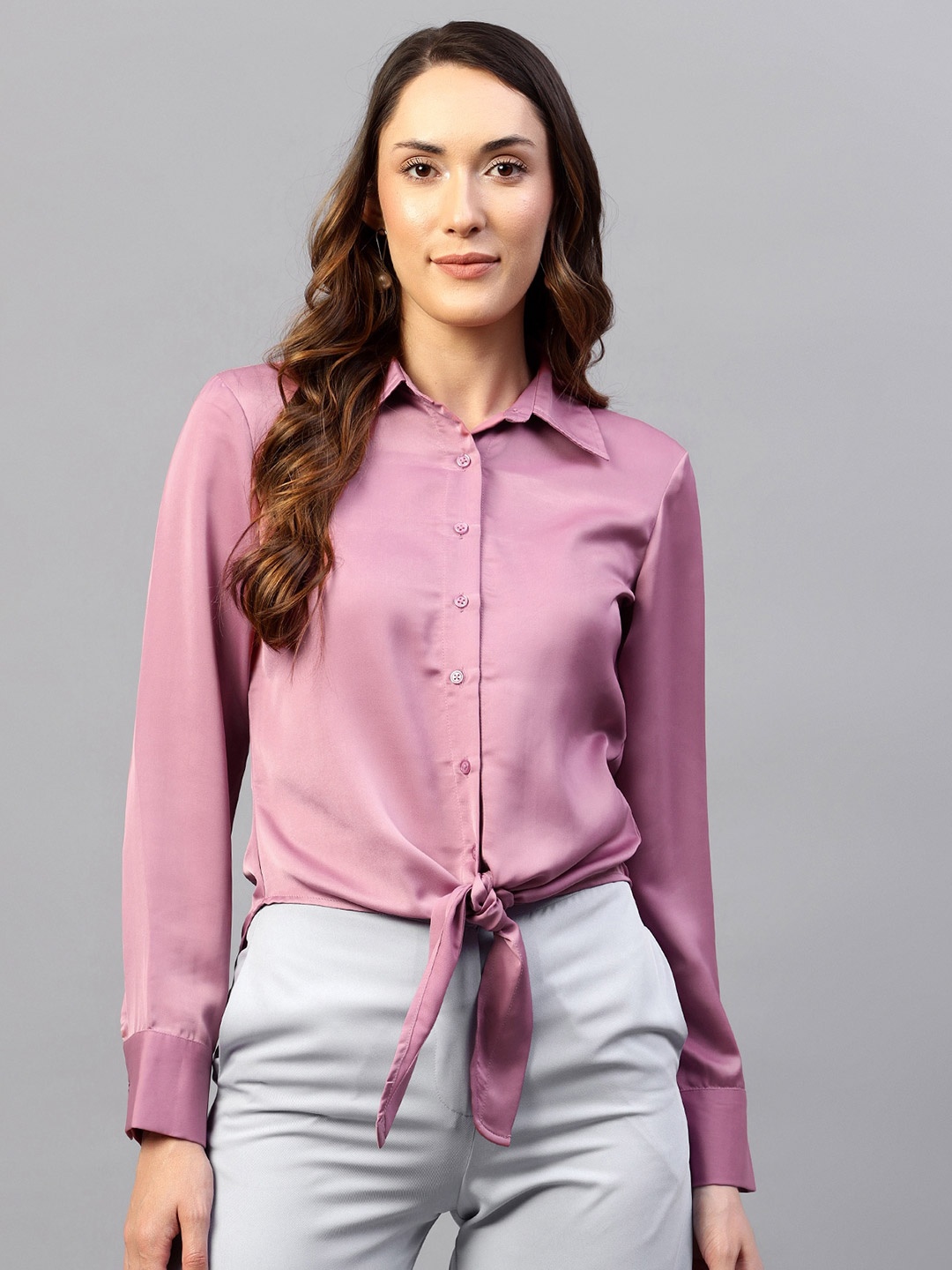 

Hencemade Cuffed Sleeve Waist Tie-Up Shirt Style Satin Top, Pink