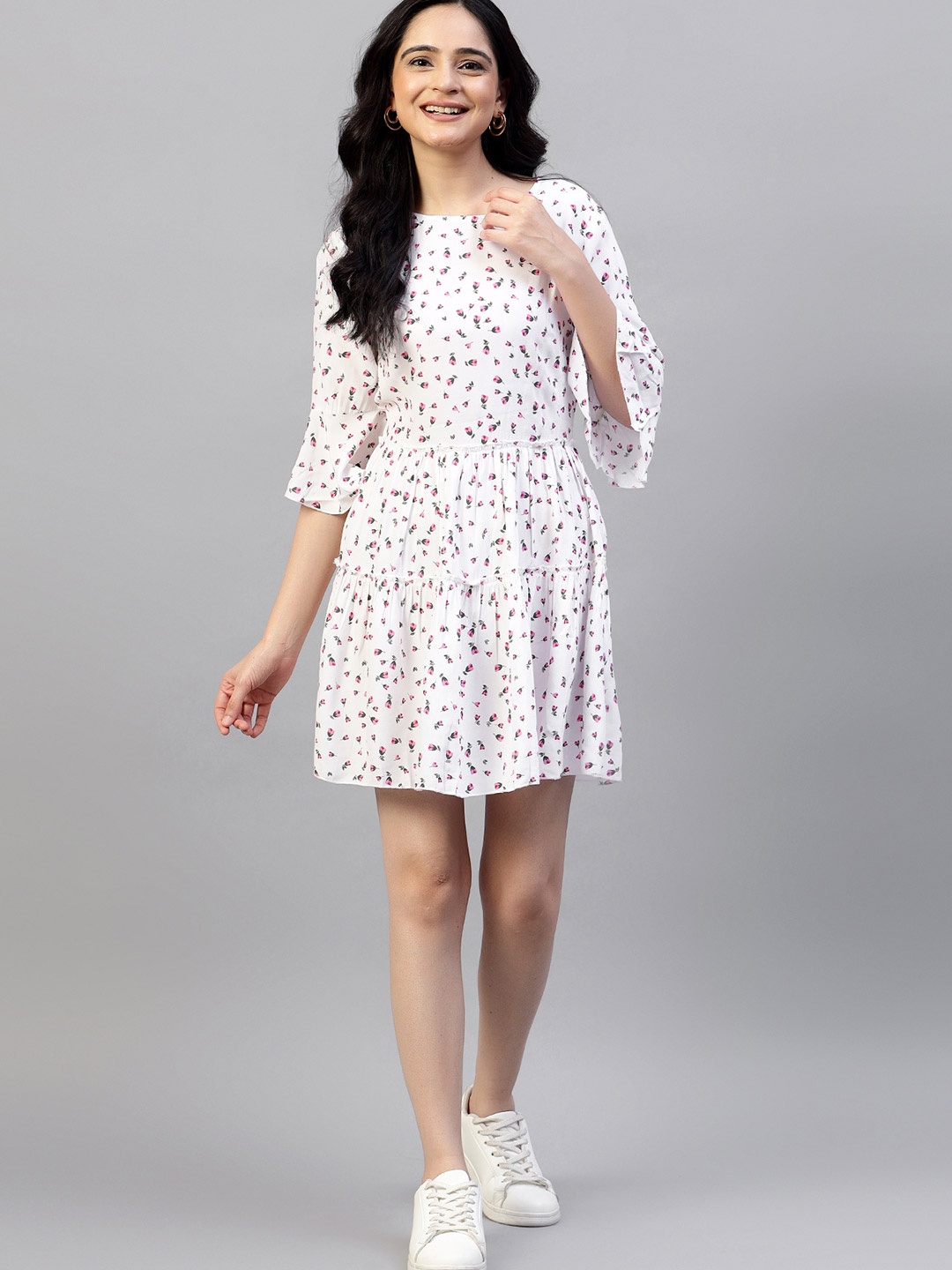 

Hencemade Floral Printed Bell Sleeve Tiered Fit & Flare Dress, White