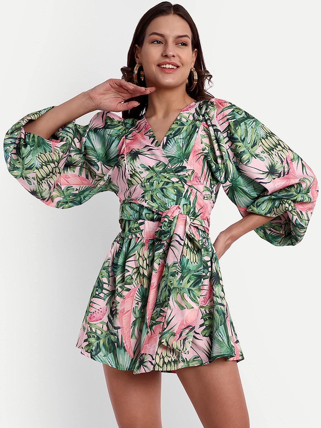 

iki chic Green & Pink Floral Printed Playsuit