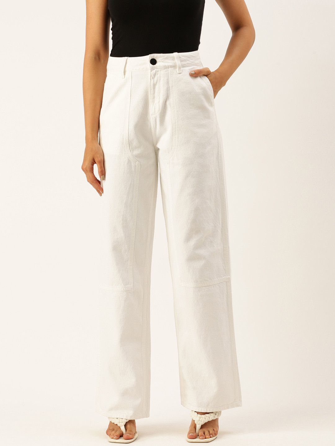 

Bene Kleed Women High-Rise Carpenter Style Relaxed Fit Pure Cotton Jeans, White