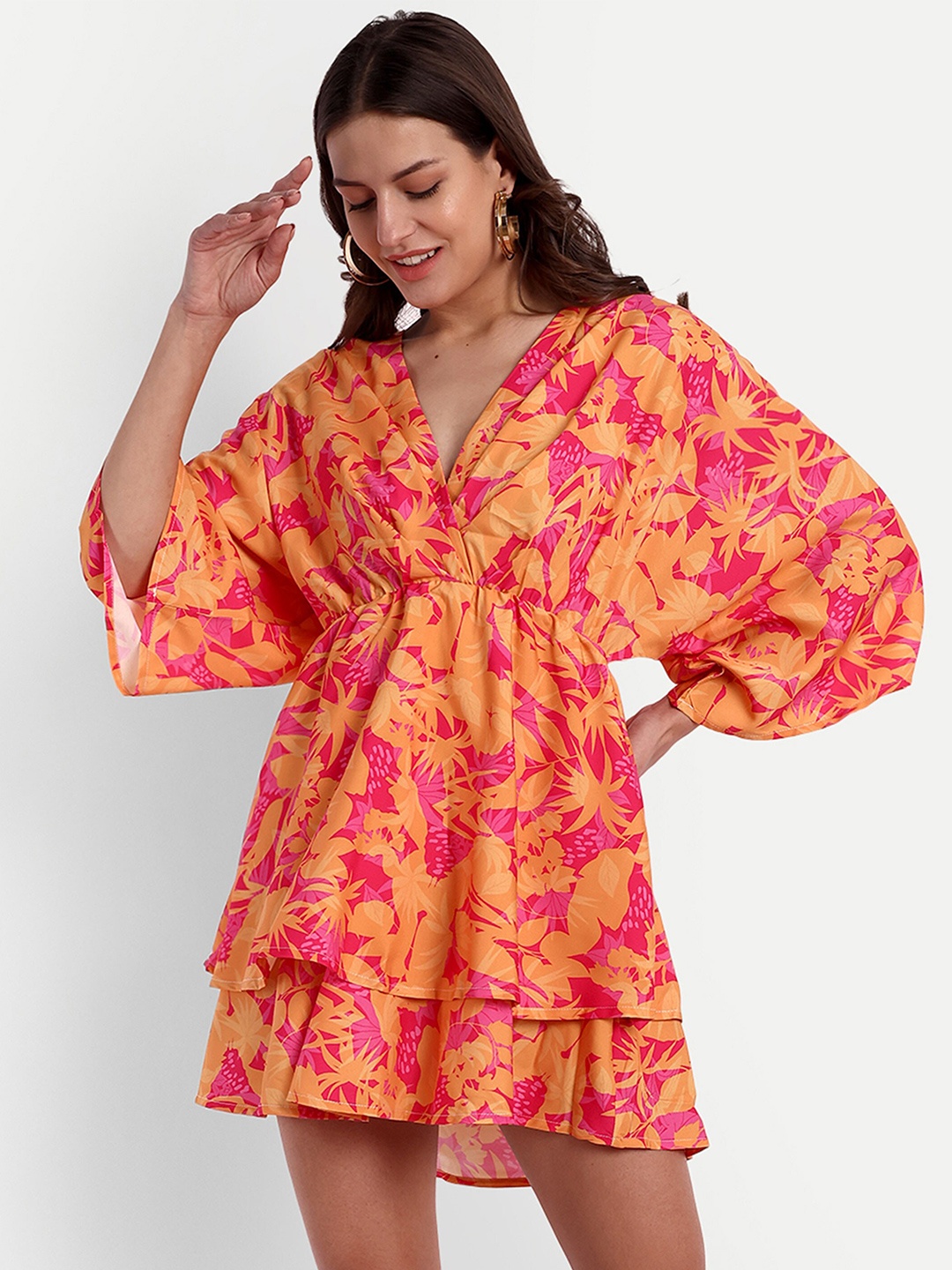 

iki chic Pink & Orange Coloured Floral Printed Kimono Sleeves Layered Fit & Flare Dress