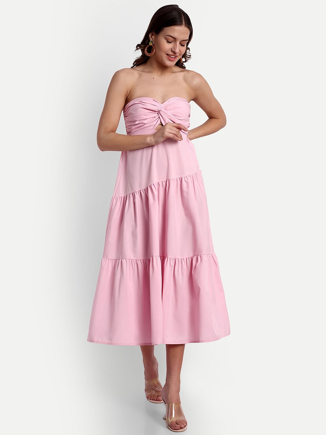 

iki chic Pink Smocked Tiered Cut-Out A-line Midi Dress