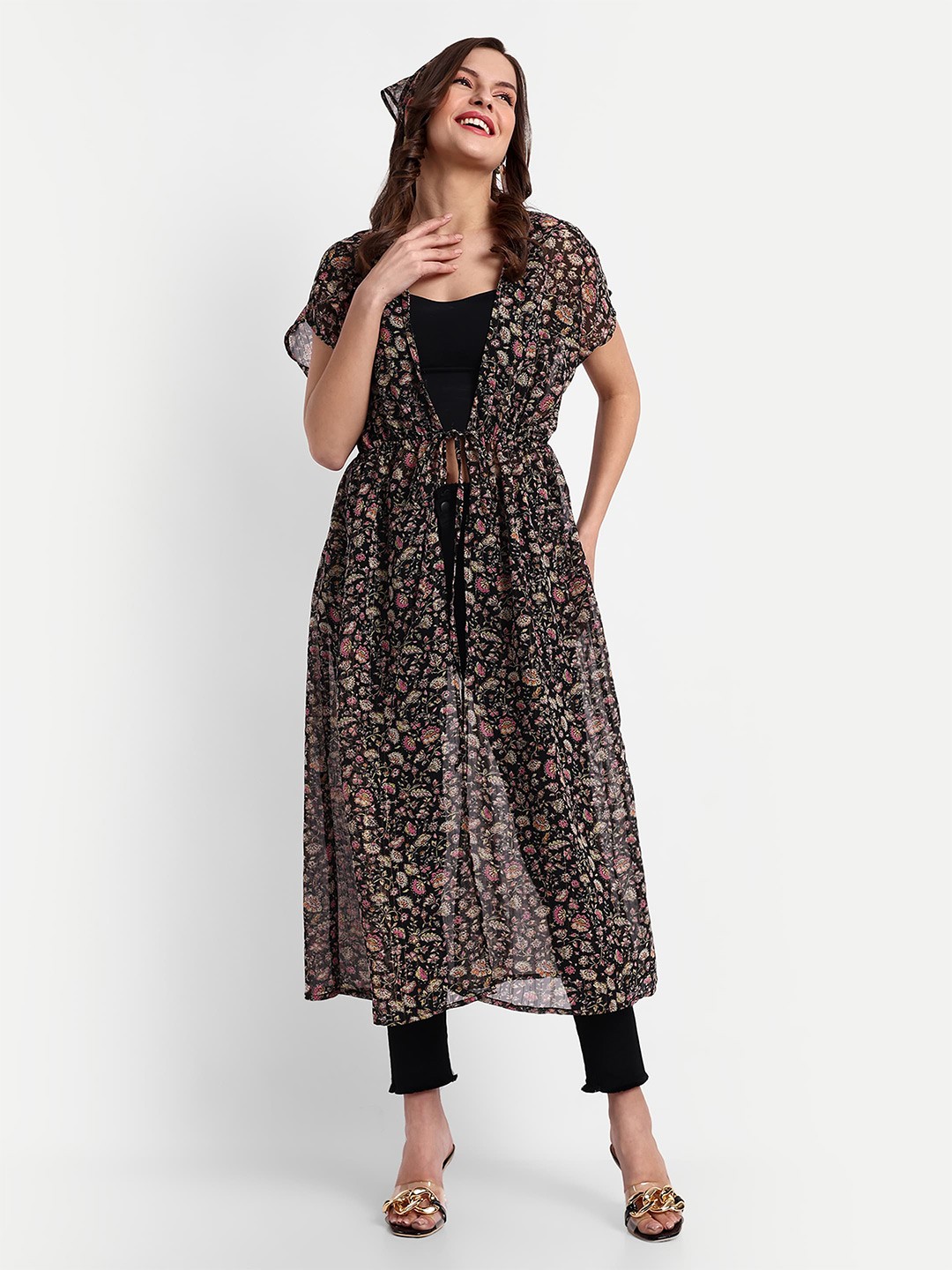 

ESSQUE Women Floral Printed Longline Tie-Up Shrug, Black