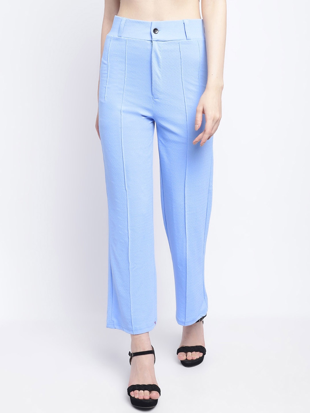 

Wuxi Women Mid-Rise Relaxed Straight Leg Straight Fit Pleated Trousers, Blue