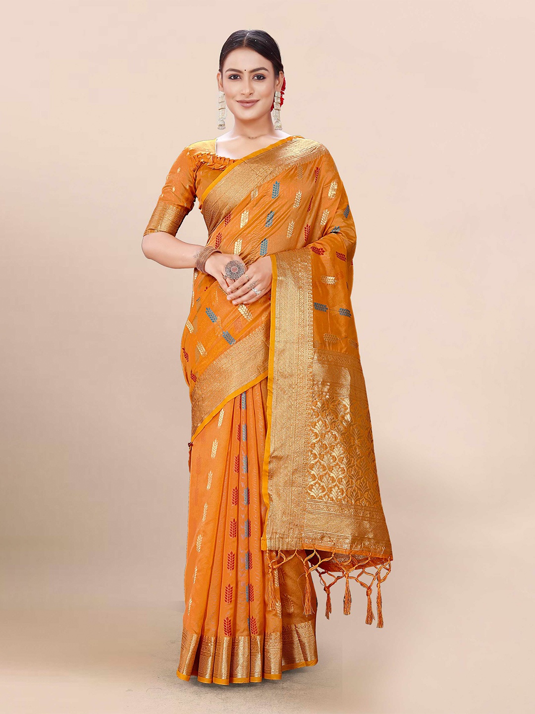 

Mitera Orange & Blue Floral Woven Design Zari Organza Saree
