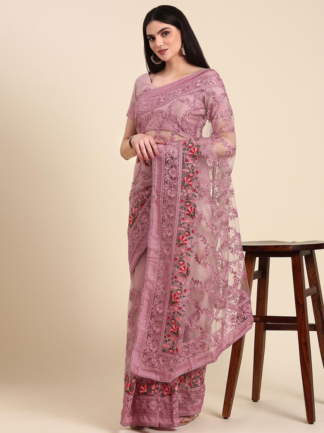 

Anouk Floral Embroidered Net Saree, Mauve
