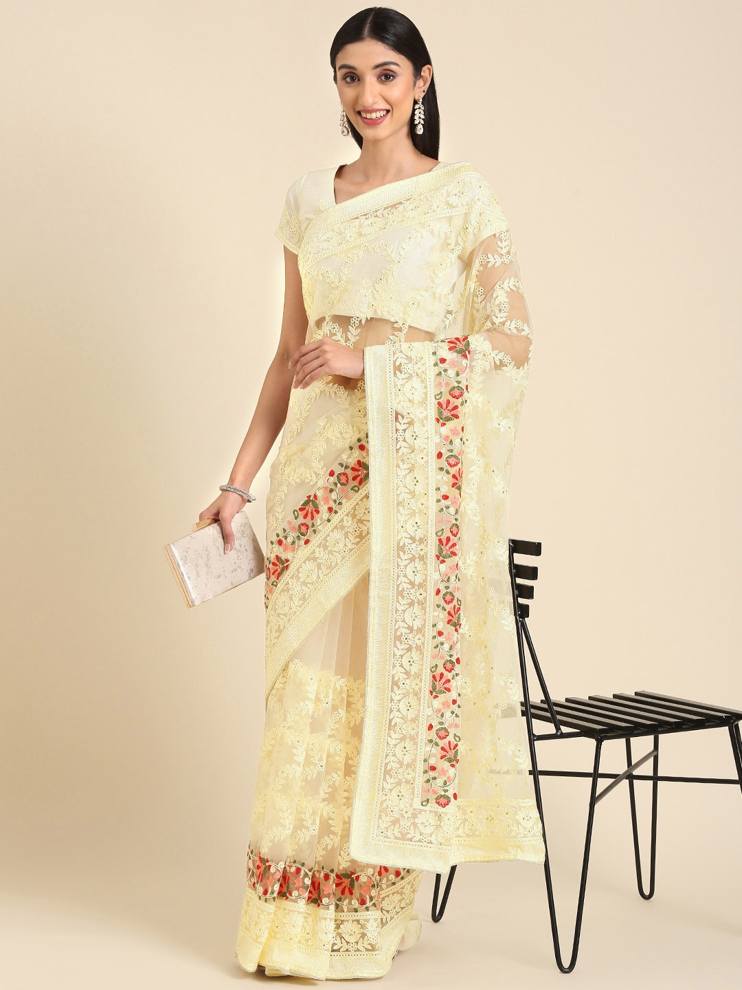 

Anouk Floral Embroidered Stones-Studded Net Saree, Yellow