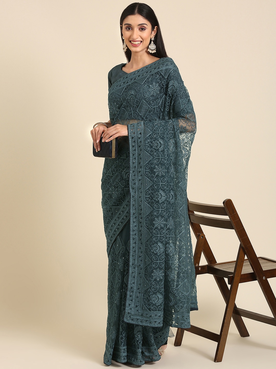 

Anouk Ethnic Motifs Embroidered Stones-Studded Net Saree, Grey