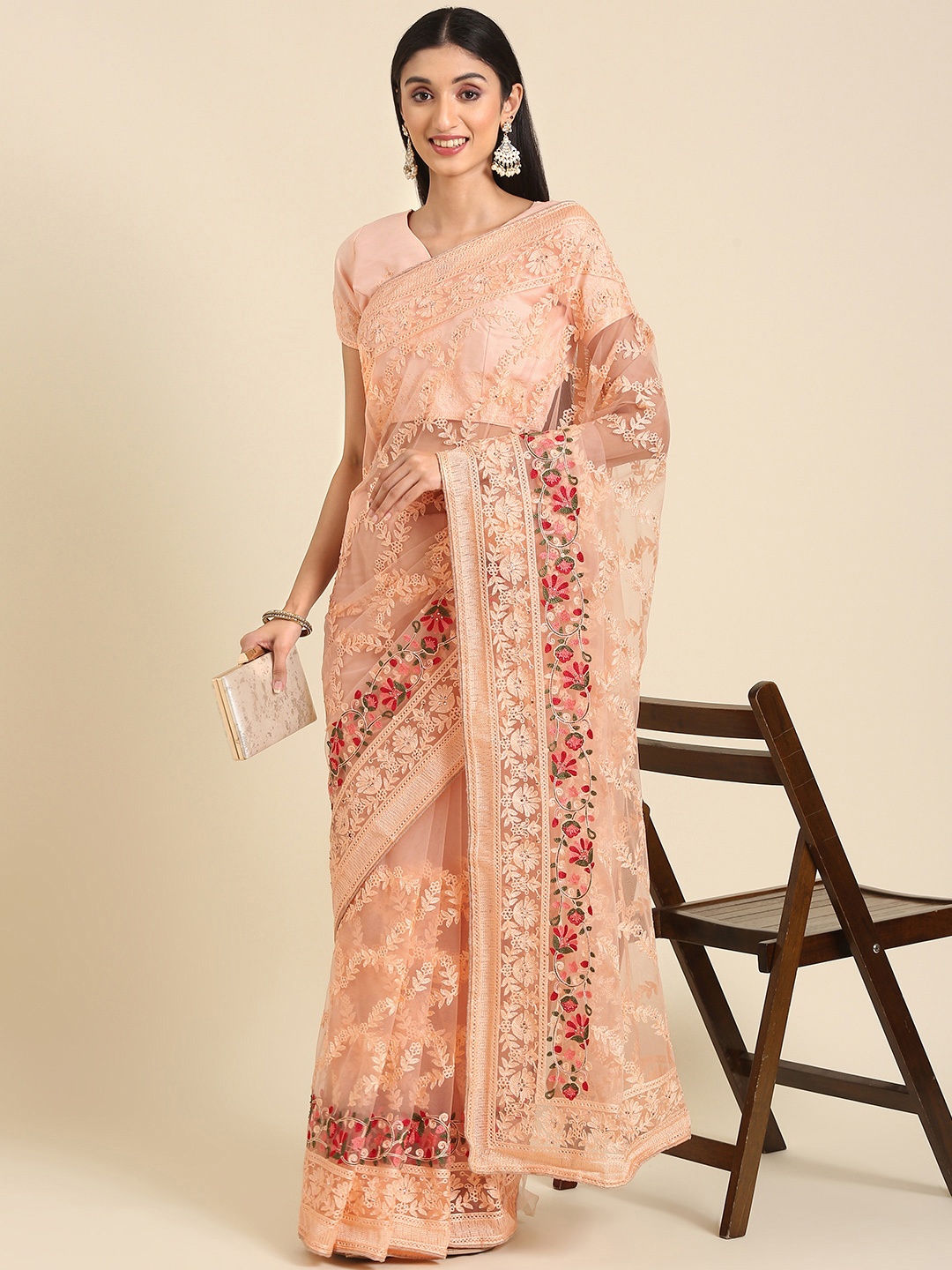 

Anouk Floral Embroidered Stones-Studded Net Saree, Peach