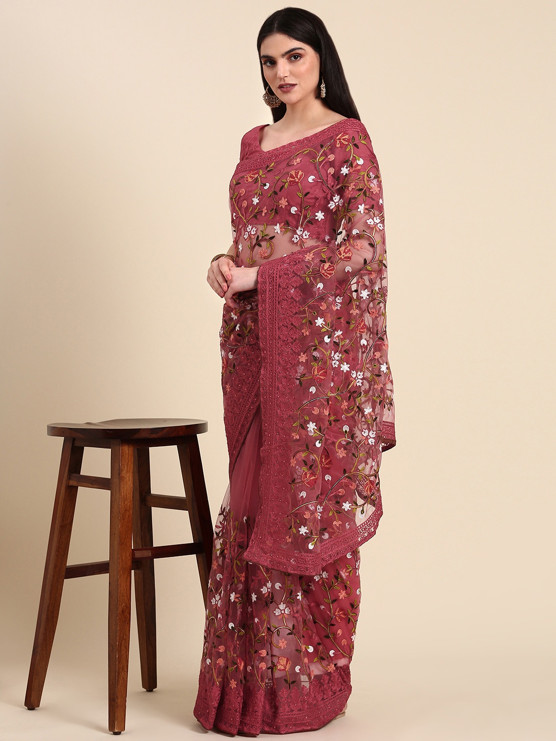 

Anouk Floral Embroidered Net Saree, Maroon