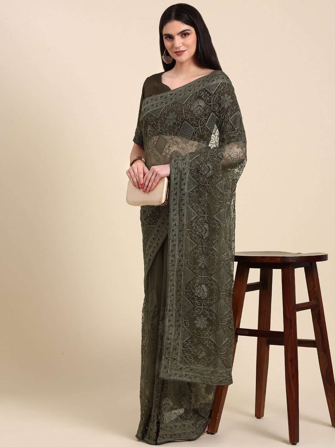 

Anouk Ethnic Motifs Net Saree, Olive