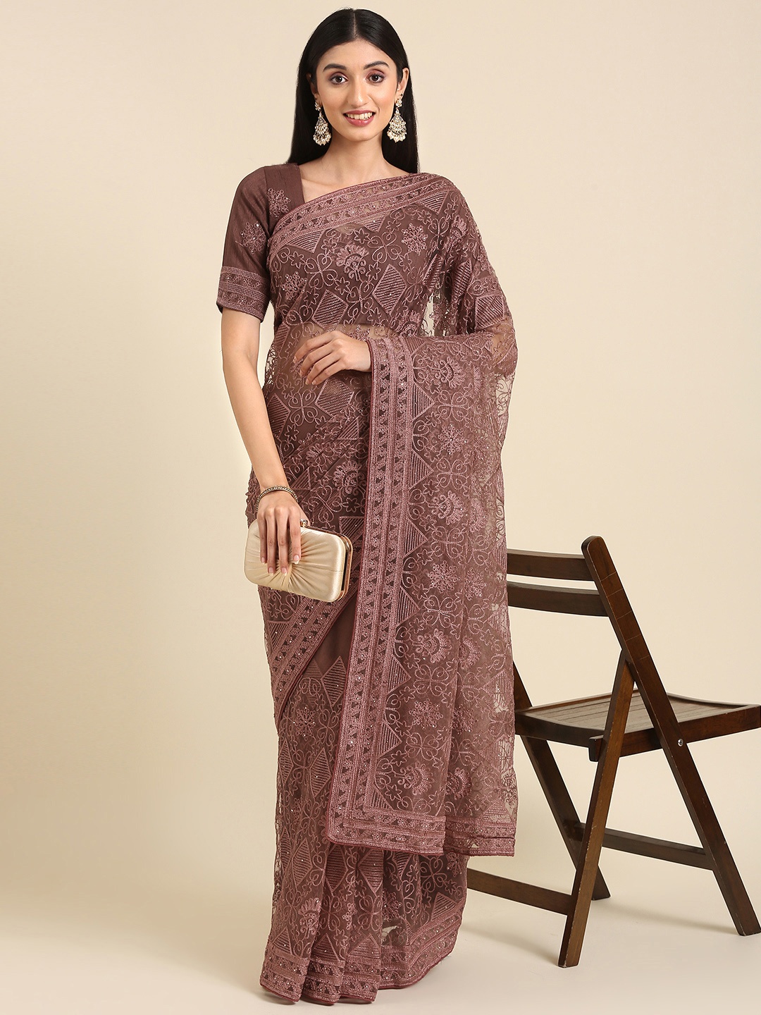 

Anouk Ethnic Motifs Embroidered Stones-Studded Net Saree, Brown