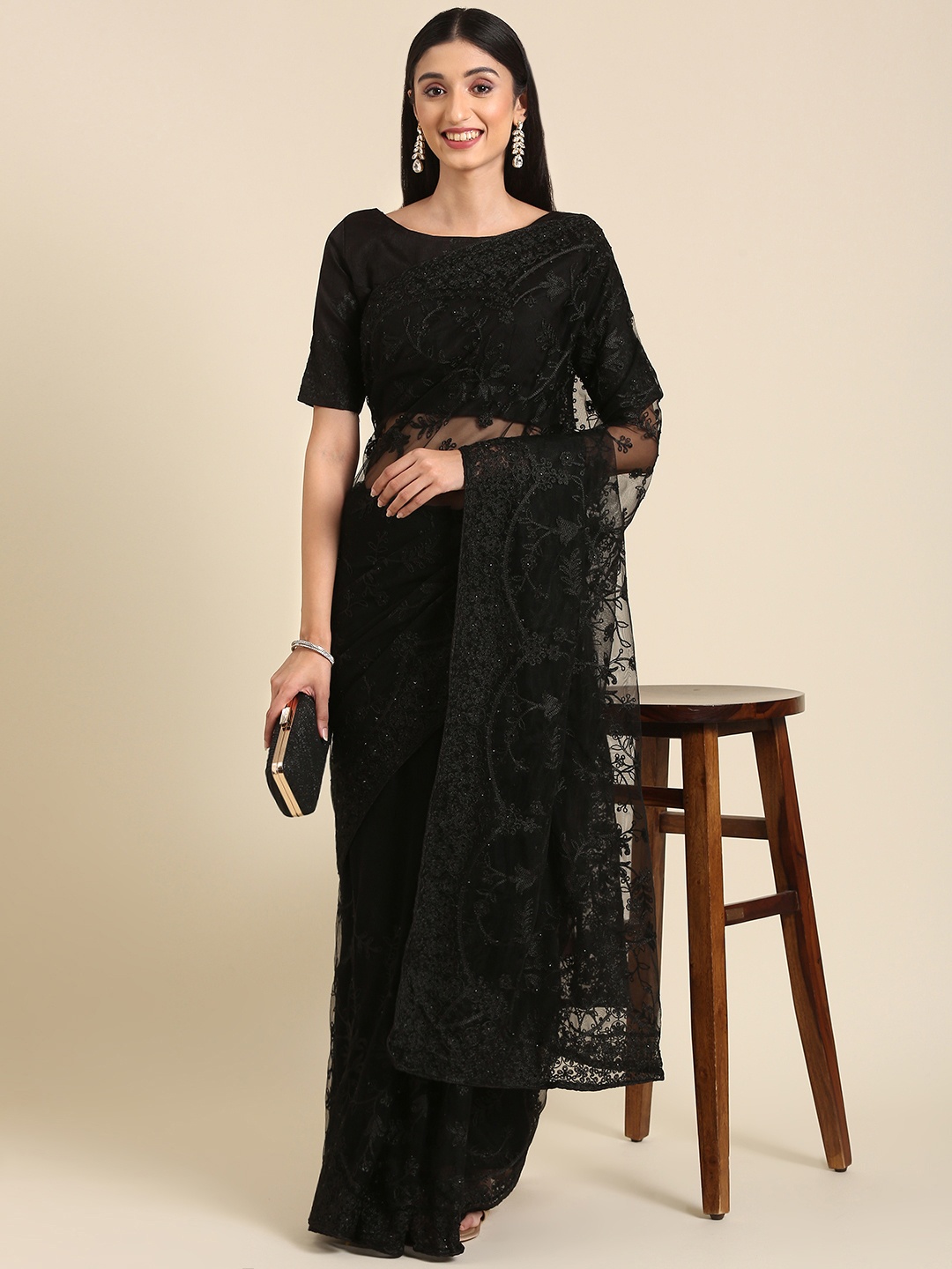 

Anouk Floral Embroidered Net Saree, Black