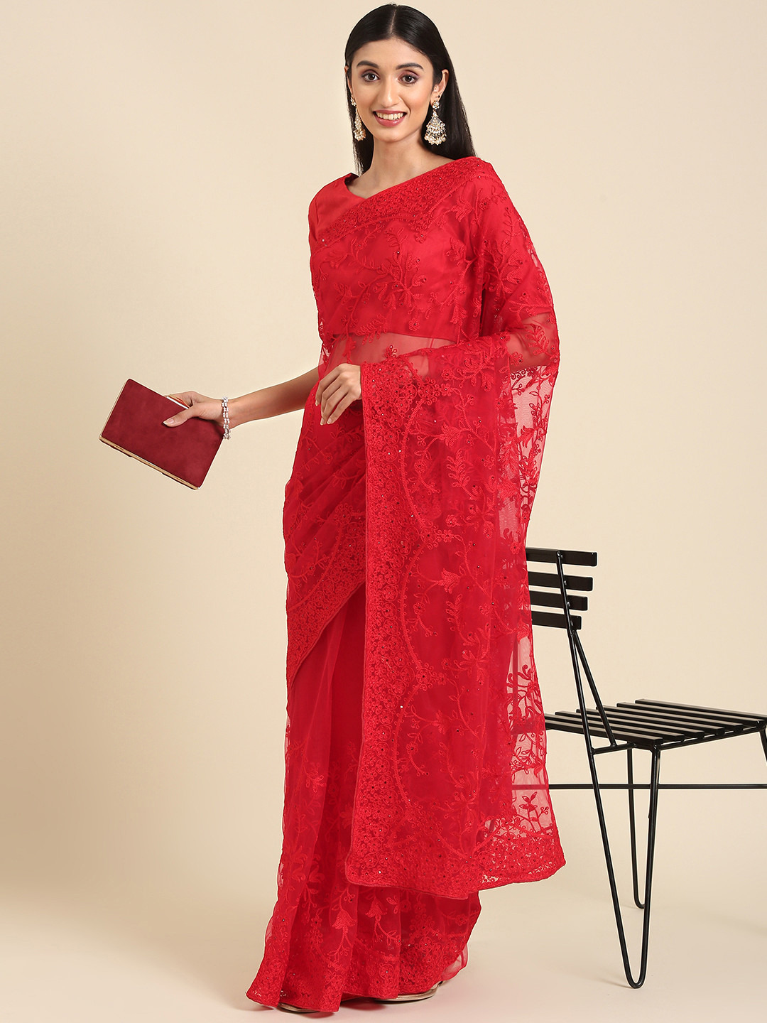 

Anouk Floral Embroidered Net Saree, Red