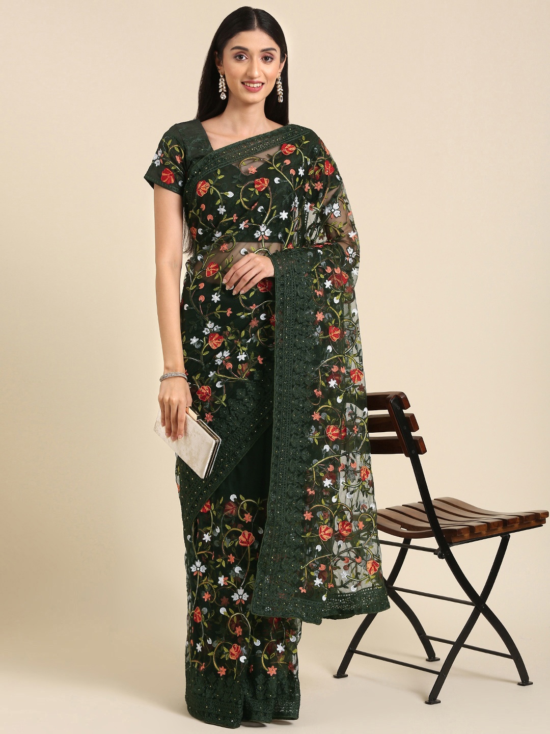 

Anouk Floral Embroidered Stones-Studded Net Saree, Green