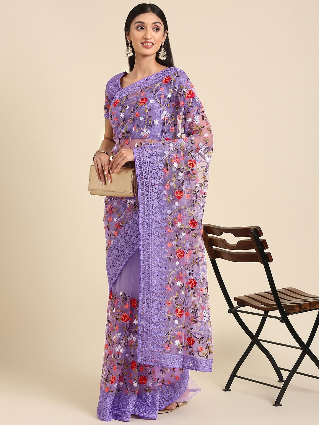 

Anouk Floral Embroidered Stones-Studded Net Saree, Lavender