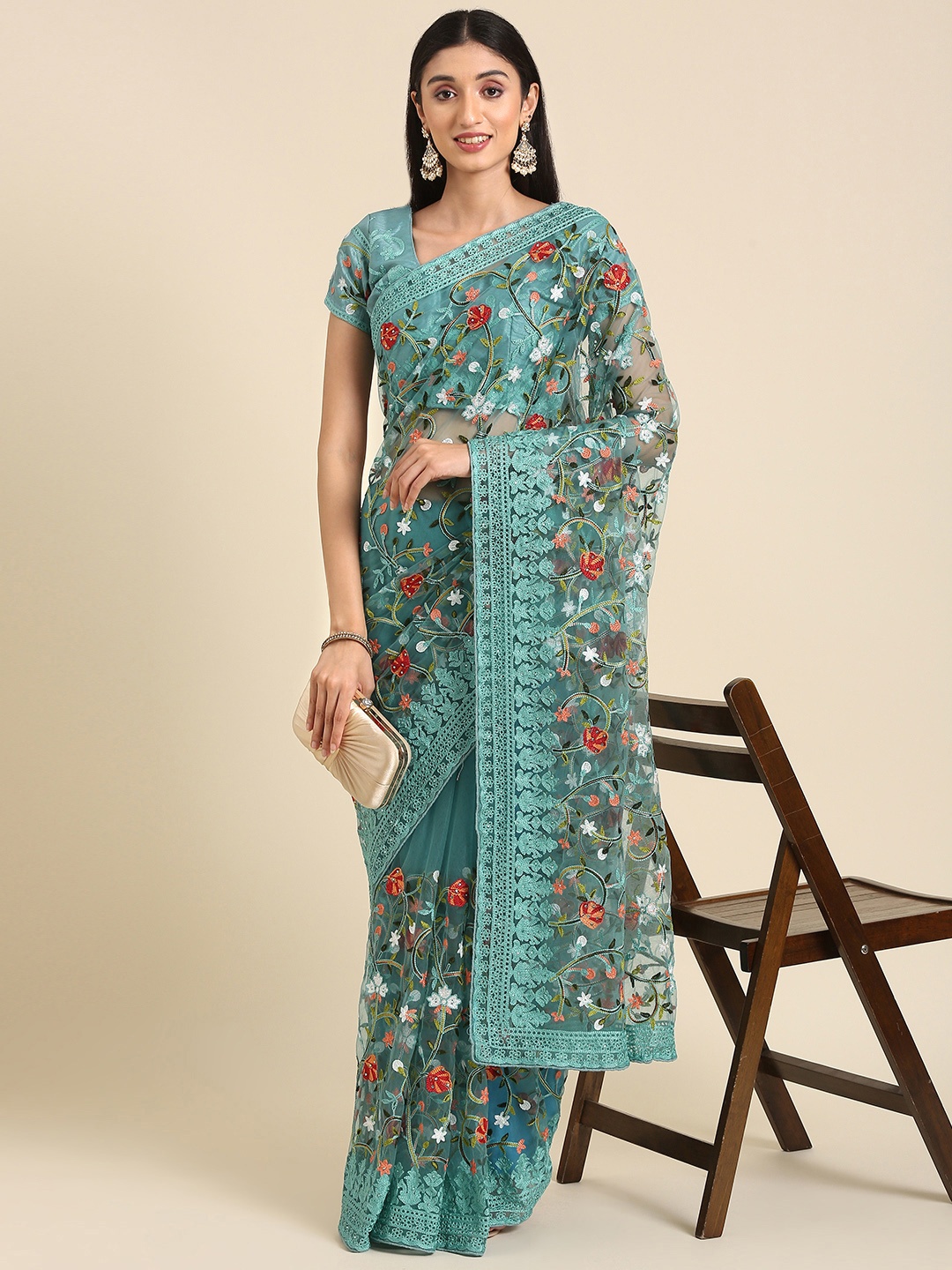 

Anouk Floral Embroidered Stones-Studded Net Saree, Blue