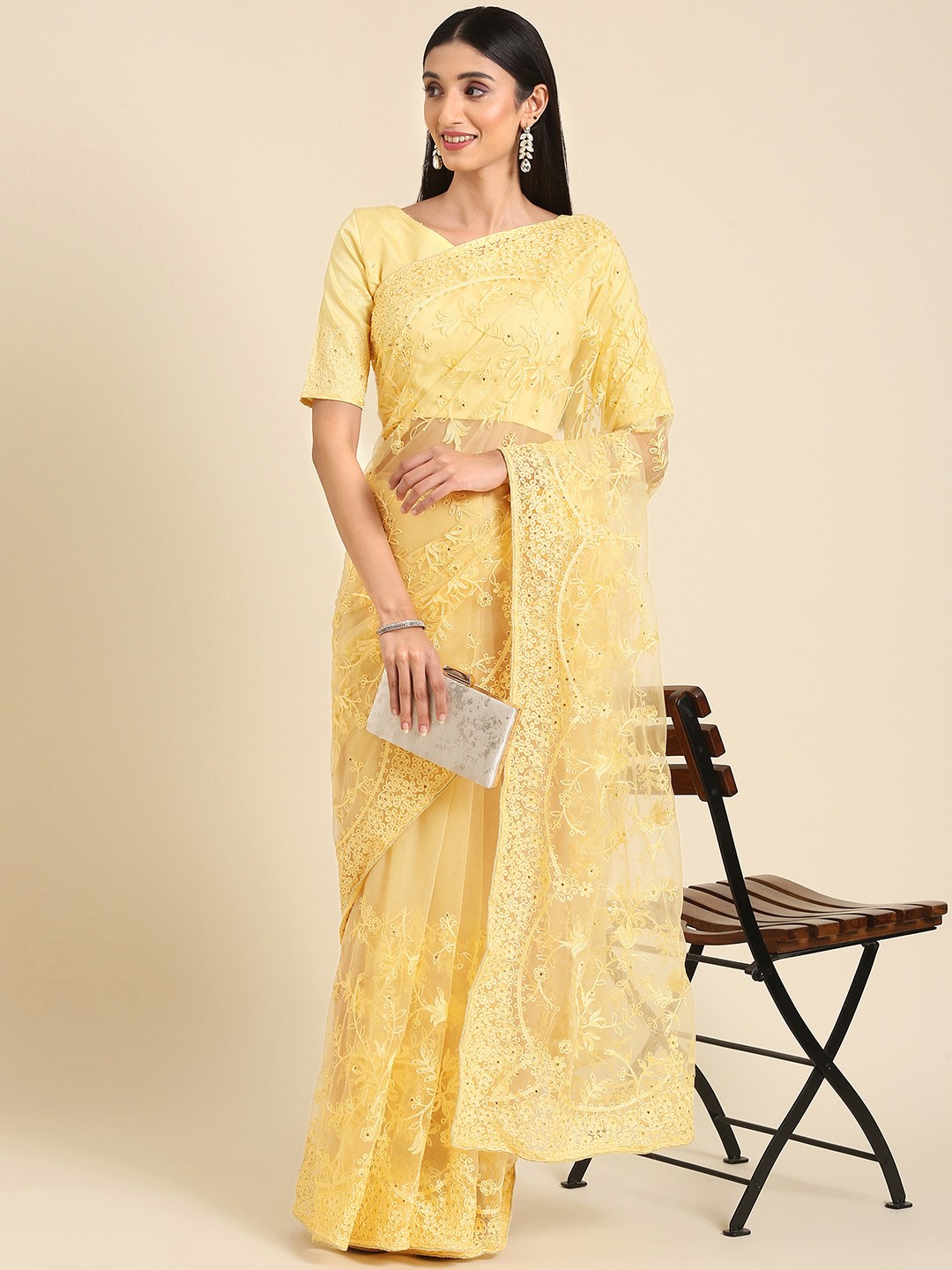 

Anouk Floral Embroidered Stones-Studded Net Saree, Yellow