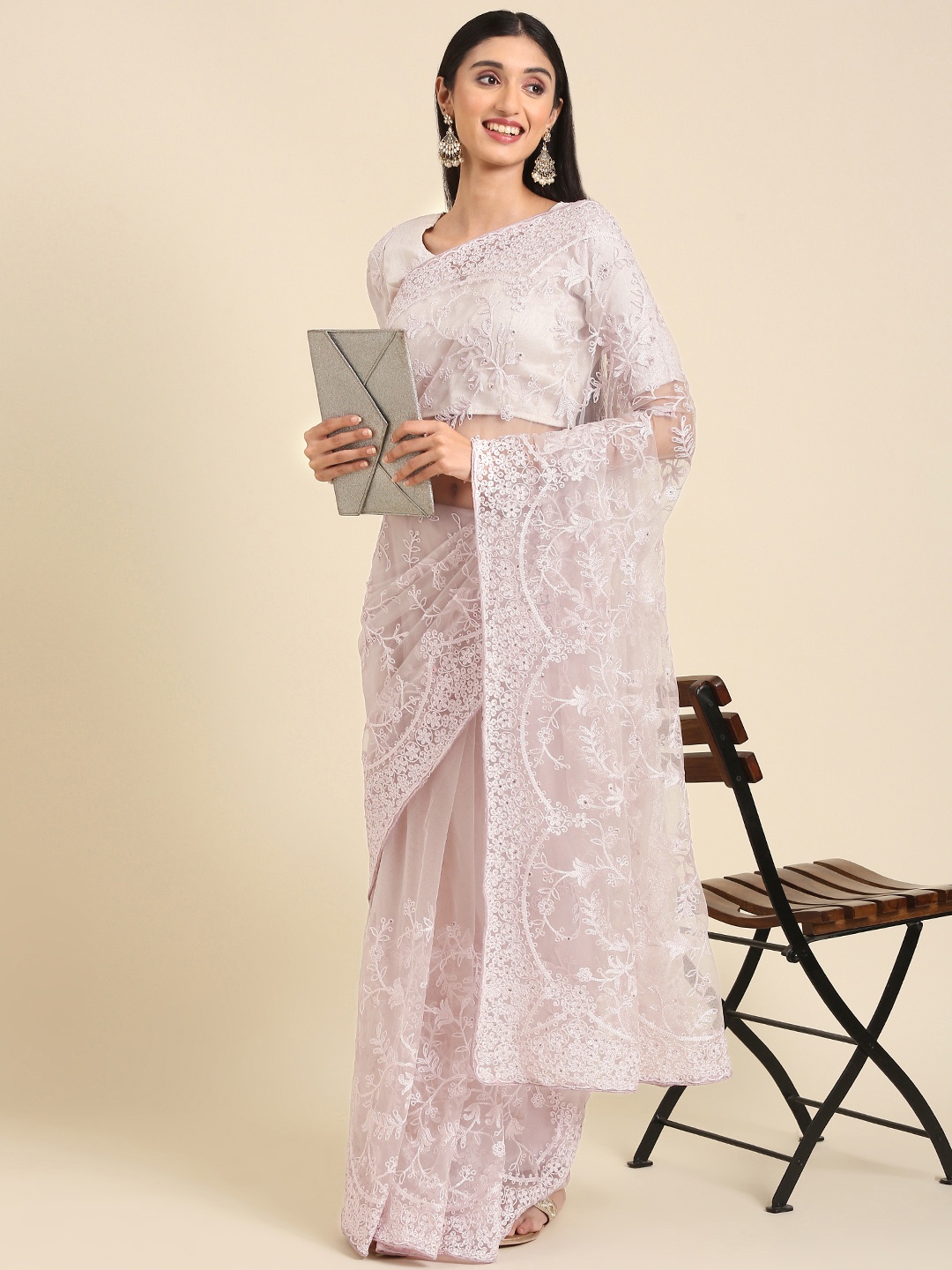 

Anouk Floral Embroidered Stones-Studded Net Saree, Grey