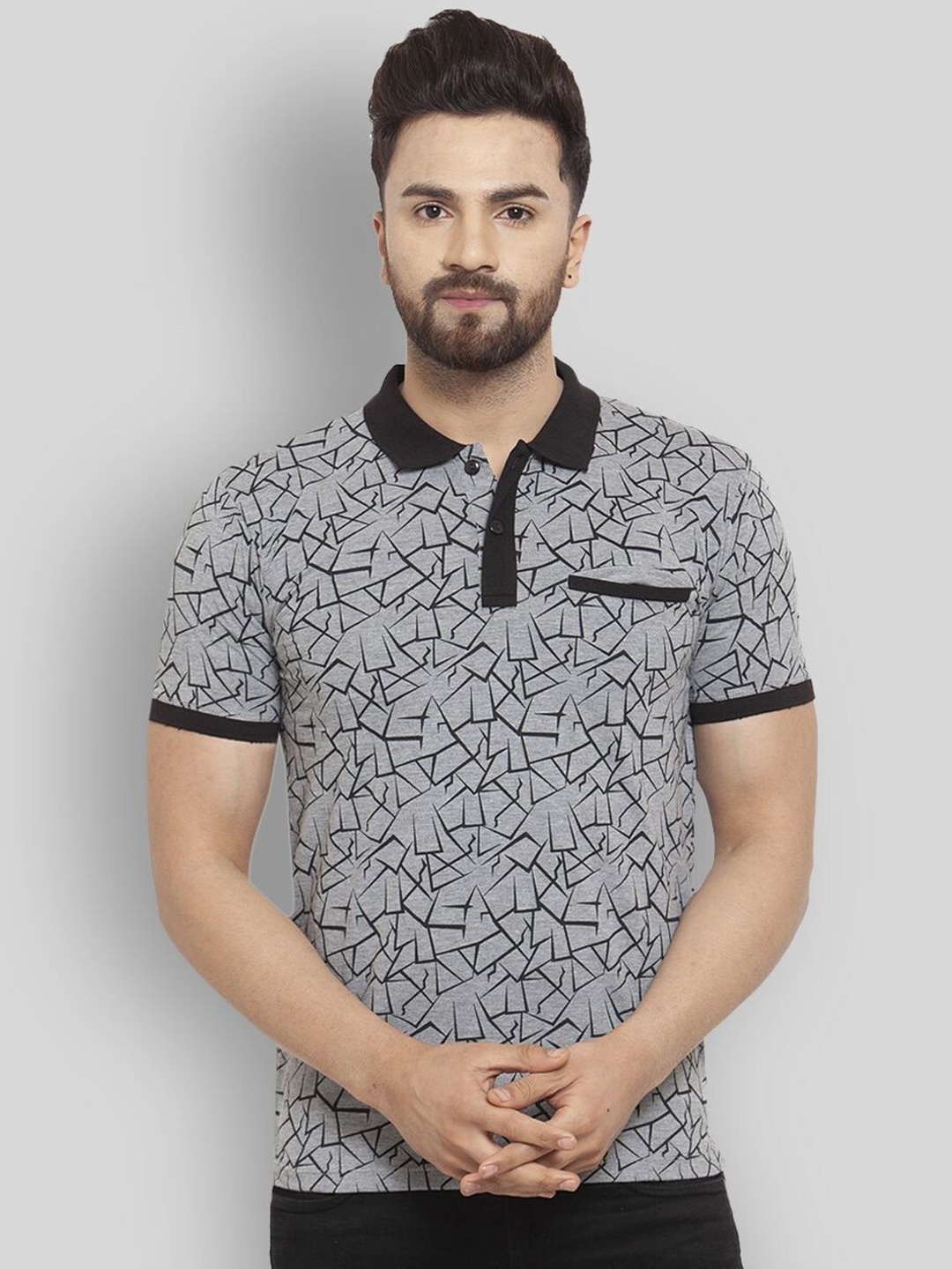 

WILD WEST Abstract Printed Polo Collar Cotton T-shirt, Grey