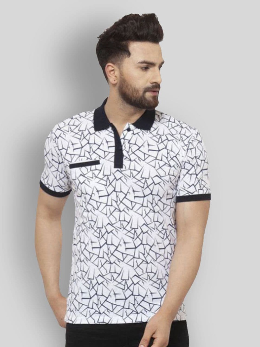 

WILD WEST Abstract Printed Polo Collar Pure Cotton T-shirt, White
