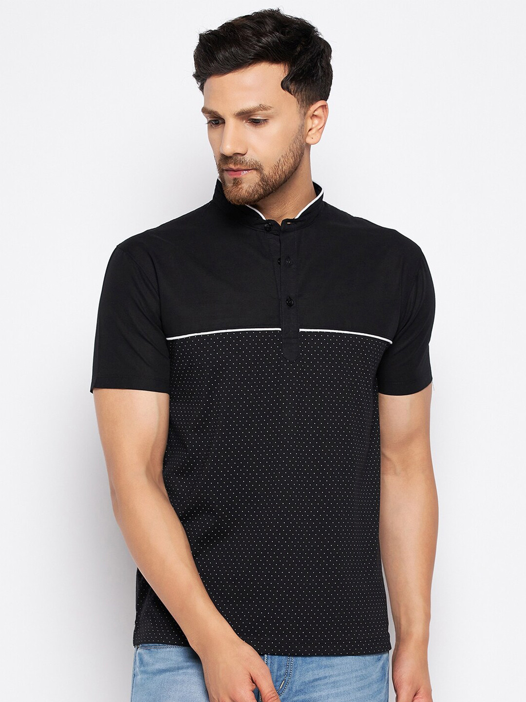 

WILD WEST Ditsy Printed Mandarin Collar T-shirt, Black