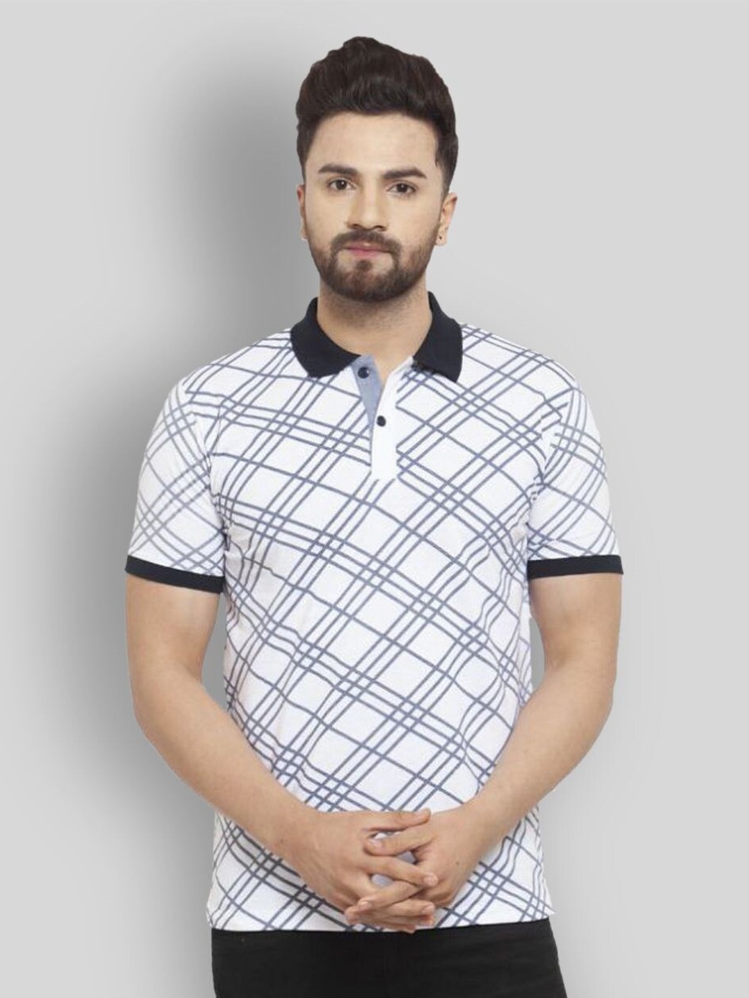 

WILD WEST Checked Polo Collar Regular Fit Cotton Casual T-Shirt, White
