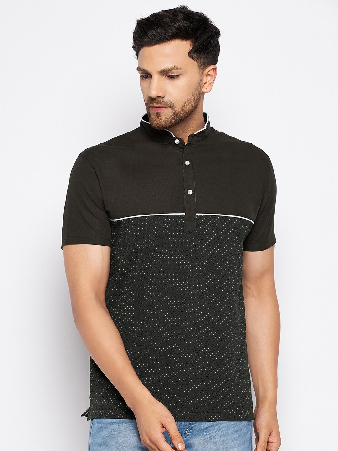 

WILD WEST Micro Disty printed Mandarin Collar T-Shirt, Olive