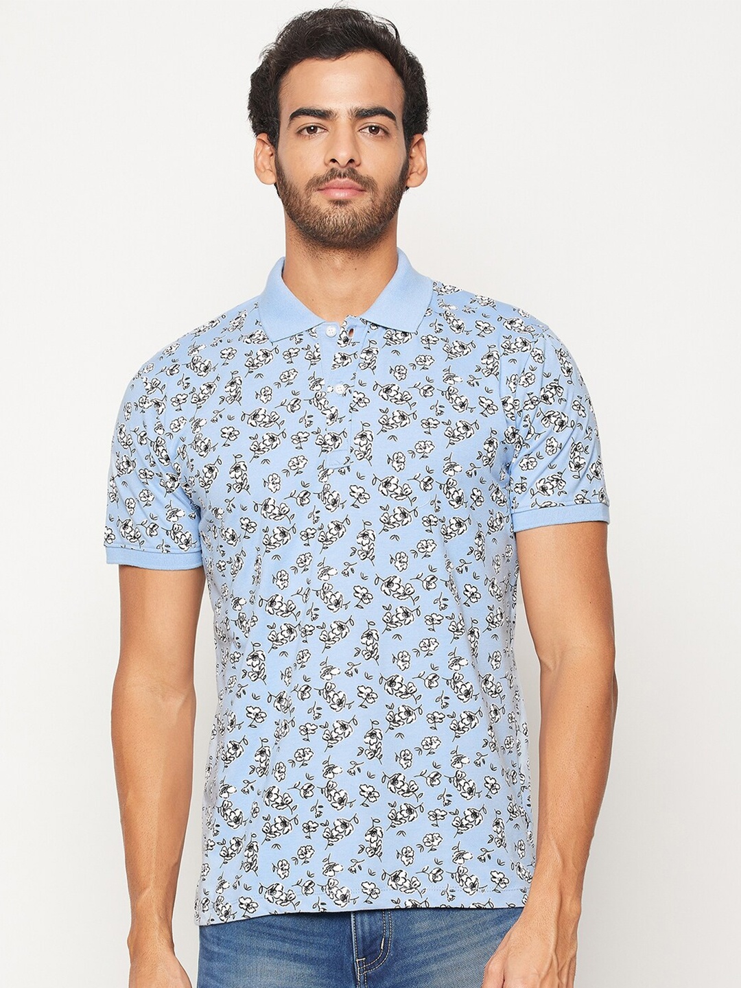 

WILD WEST Floral Printed Polo Collar Causal T-Shirt, Blue
