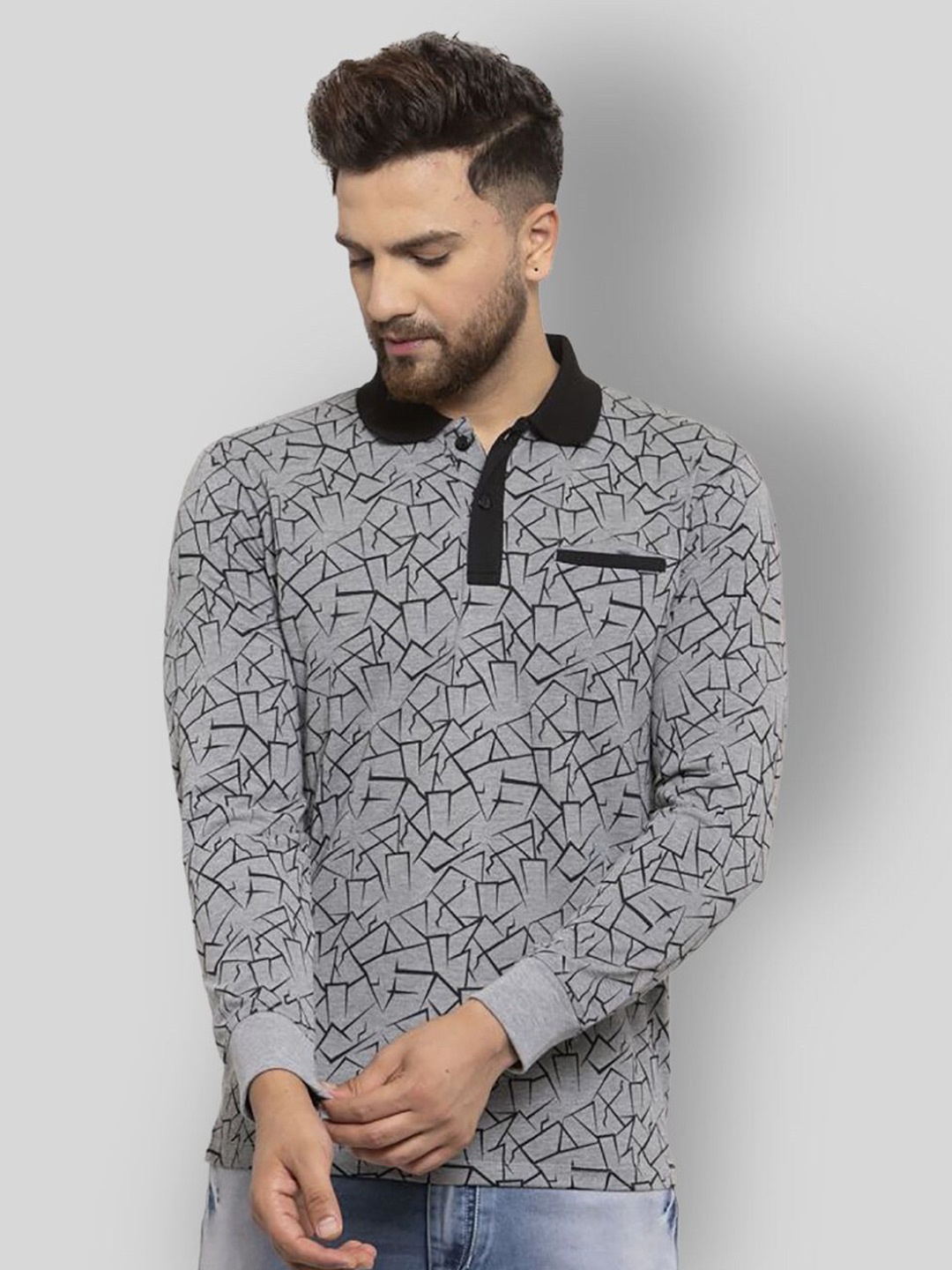 

WILD WEST Abstract Printed Polo Collar T-shirt, Grey