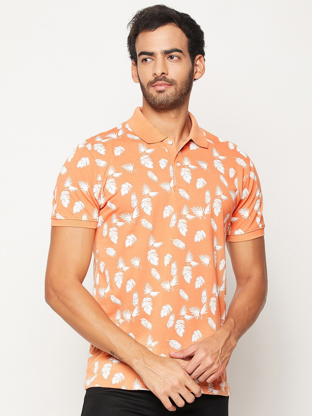

WILD WEST Floral Printed Short Sleeves Polo Collar Cotton T-Shirt, Orange