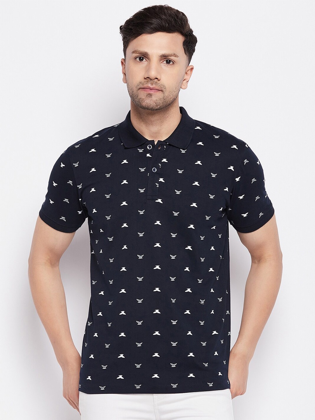 

WILD WEST Conversational Printed Polo Collar Regular Fit Cotton Casual T-Shirt, Navy blue