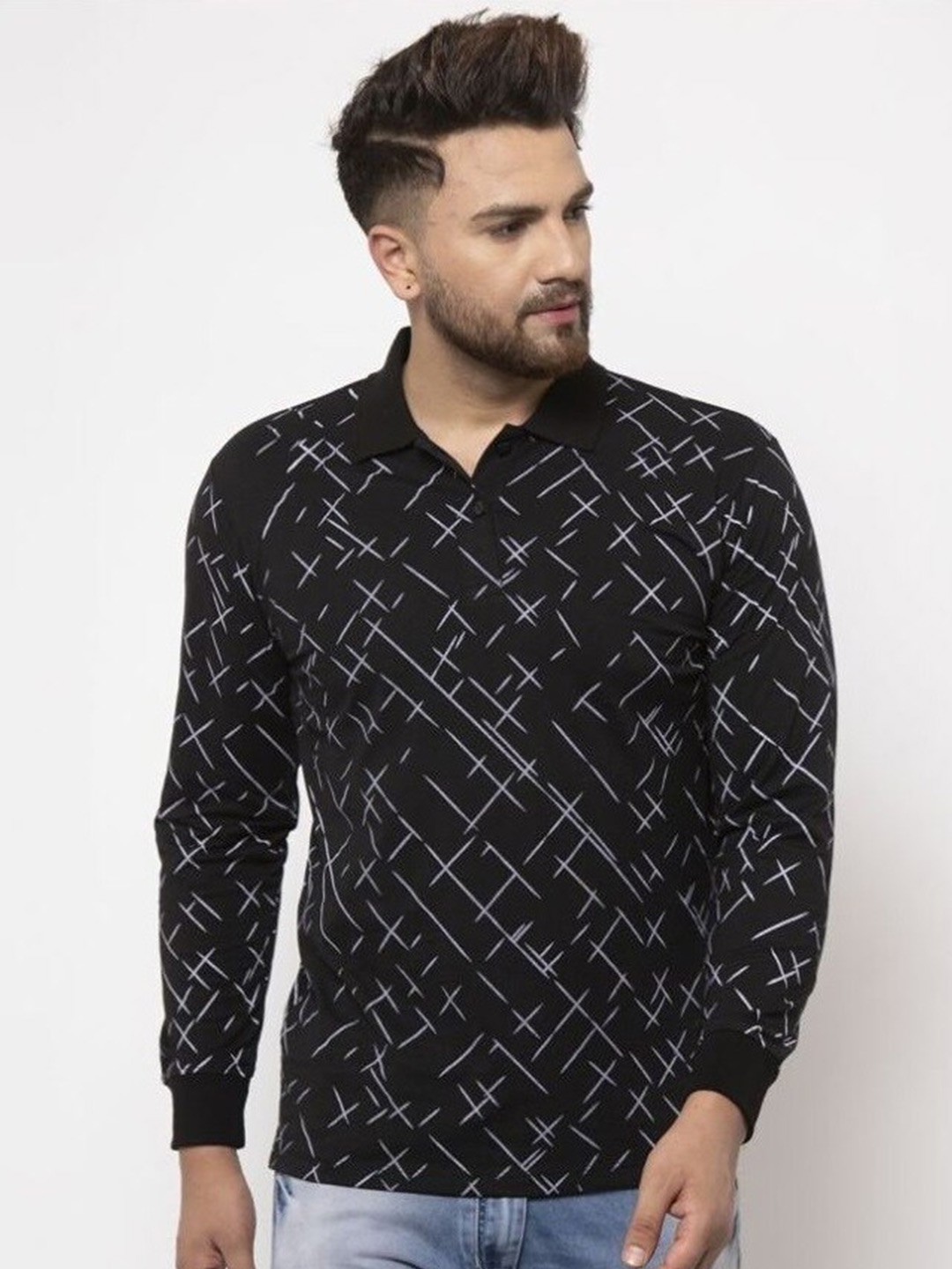 

WILD WEST Abstract Printed Polo Collar Monochrome T-shirt, Black