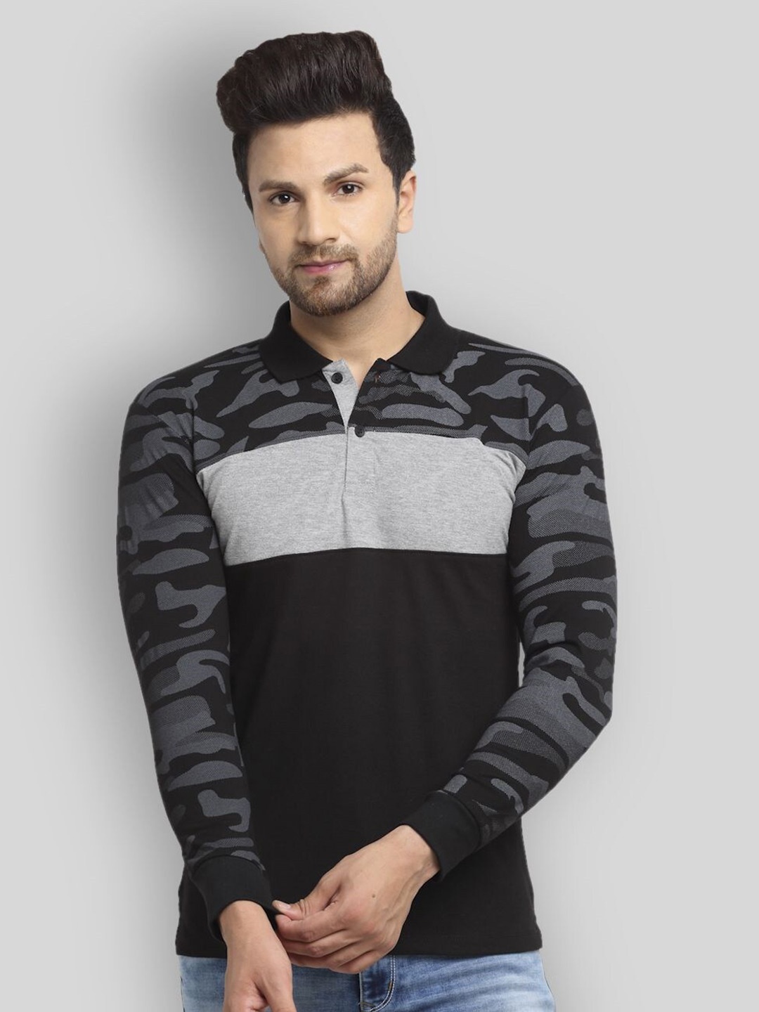 

WILD WEST Camouflage Polo Collar Regular Sleeves Cotton T-shirt, Black