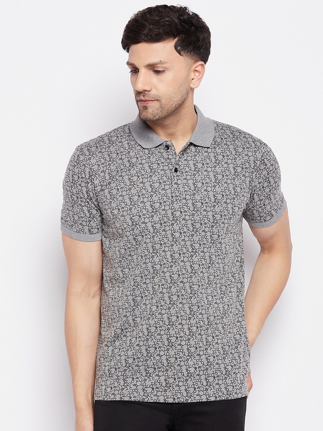 

WILD WEST Geometric Printed Polo Collar T-shirt, Grey