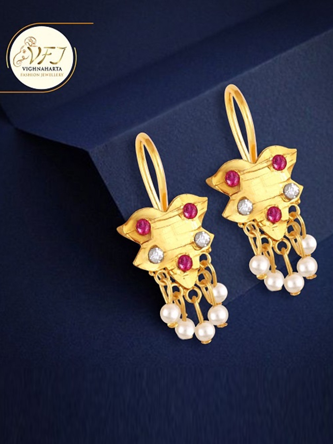 

Vighnaharta Gold-Plated Floral Pearl Studded Drop Earrings