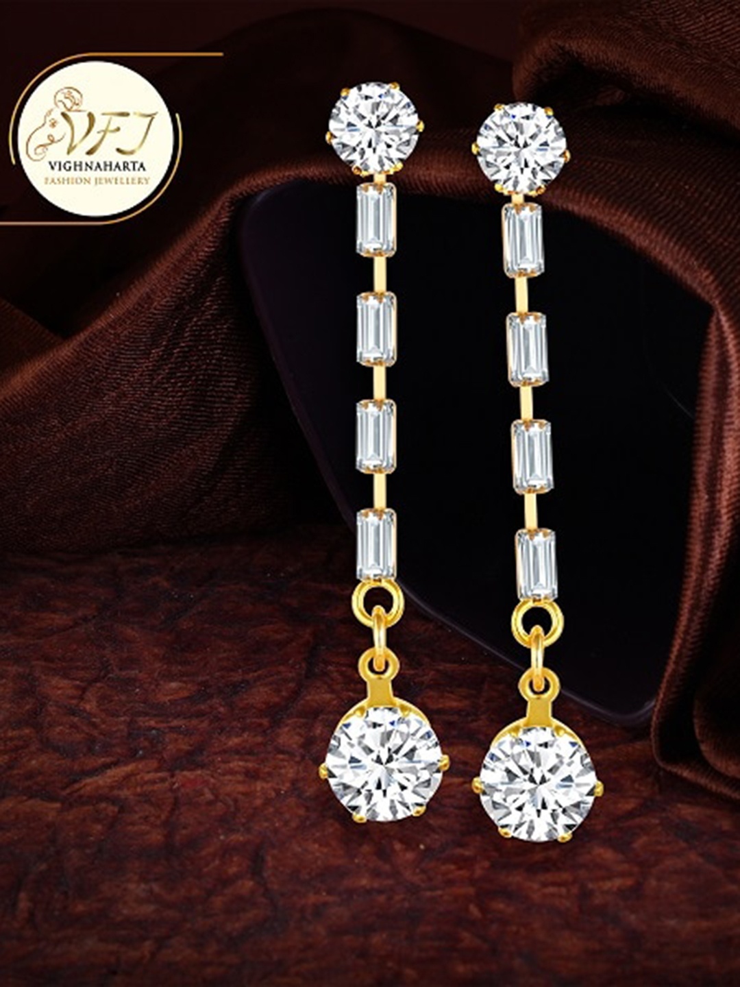 

Vighnaharta Gold-Plated Cubic Zirconia Studded Drop Earrings