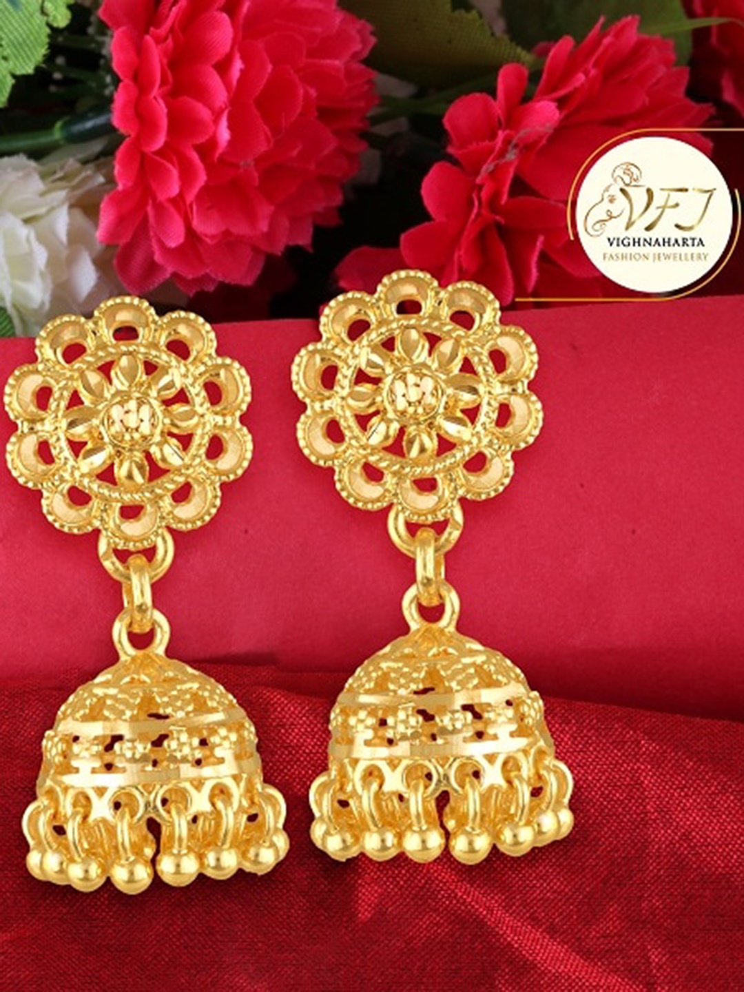 

Vighnaharta Gold-Plated Floral Jhumkas Earrings