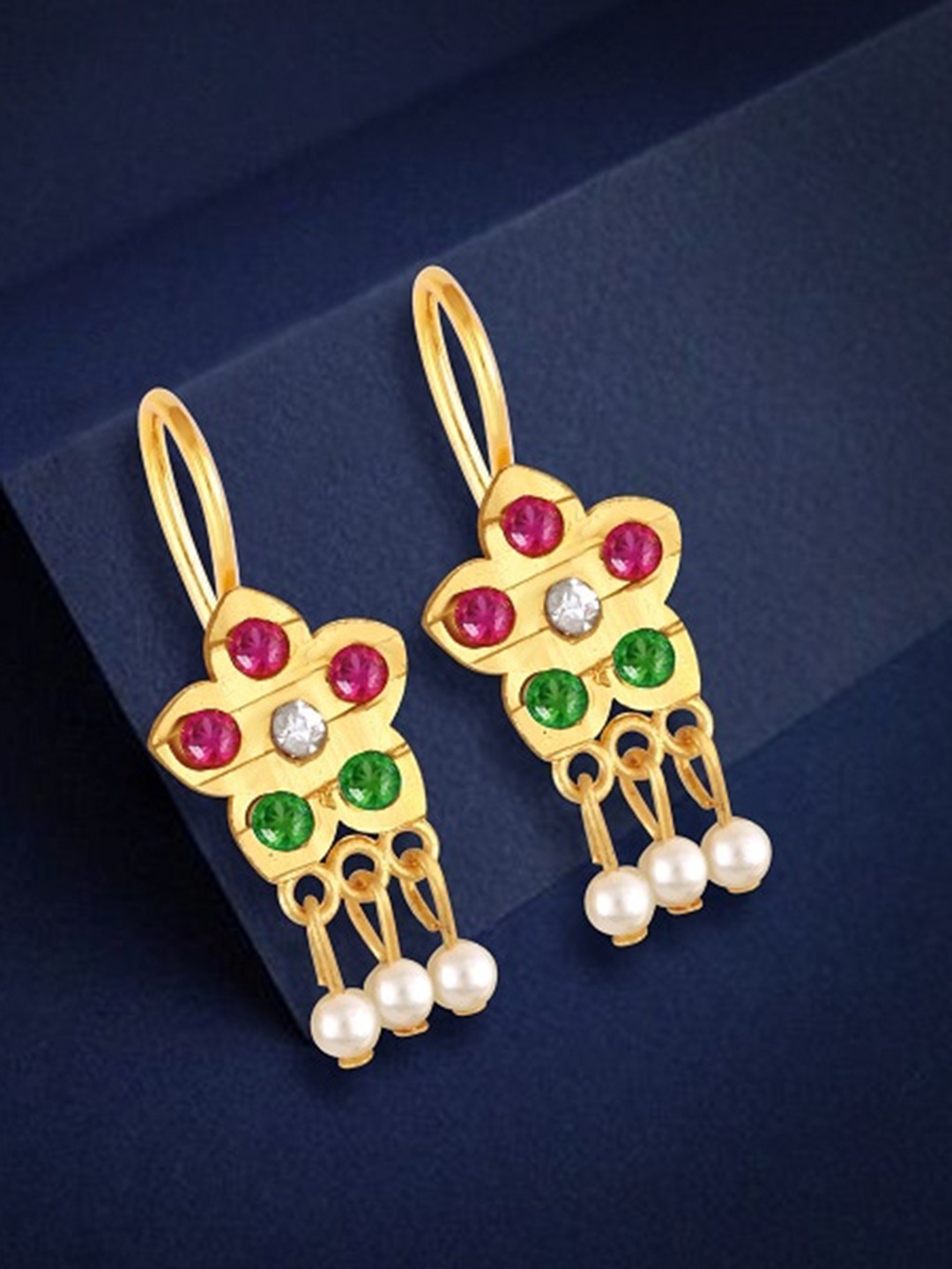 Vighnaharta Gold-Plated Floral Pearl Studded Drop Earrings