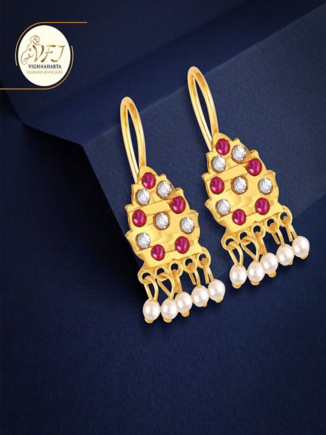 Vighnaharta Gold-Plated CZ & Pearls Drop Earrings