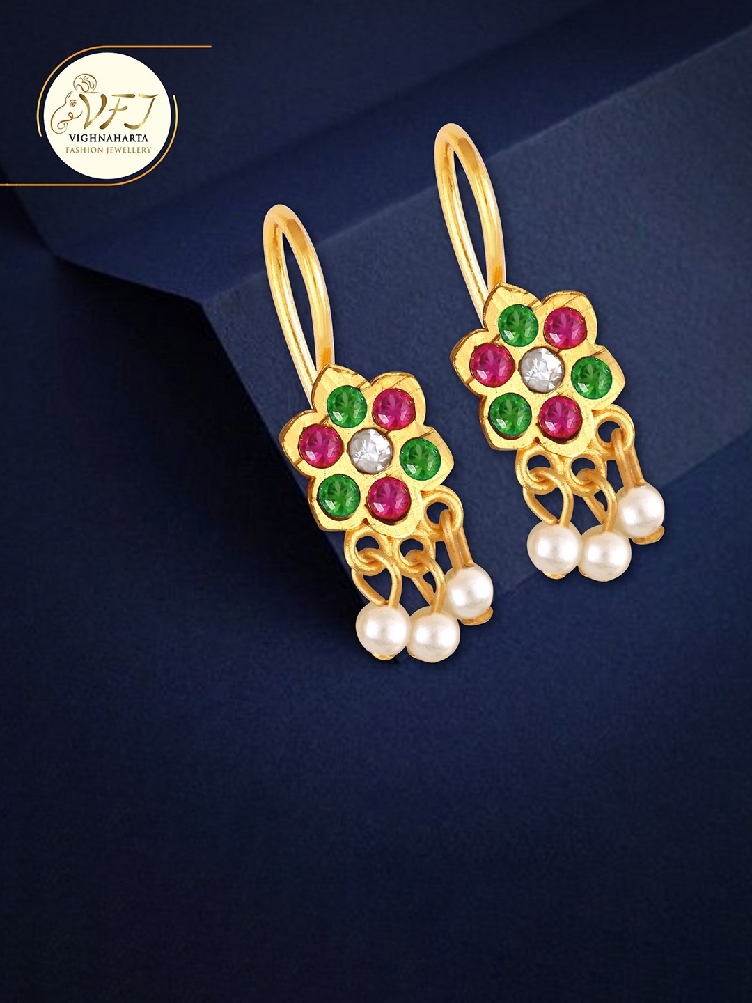 

Vighnaharta Gold-Plated CZ & Pearls-Studded Floral Drop Earrings