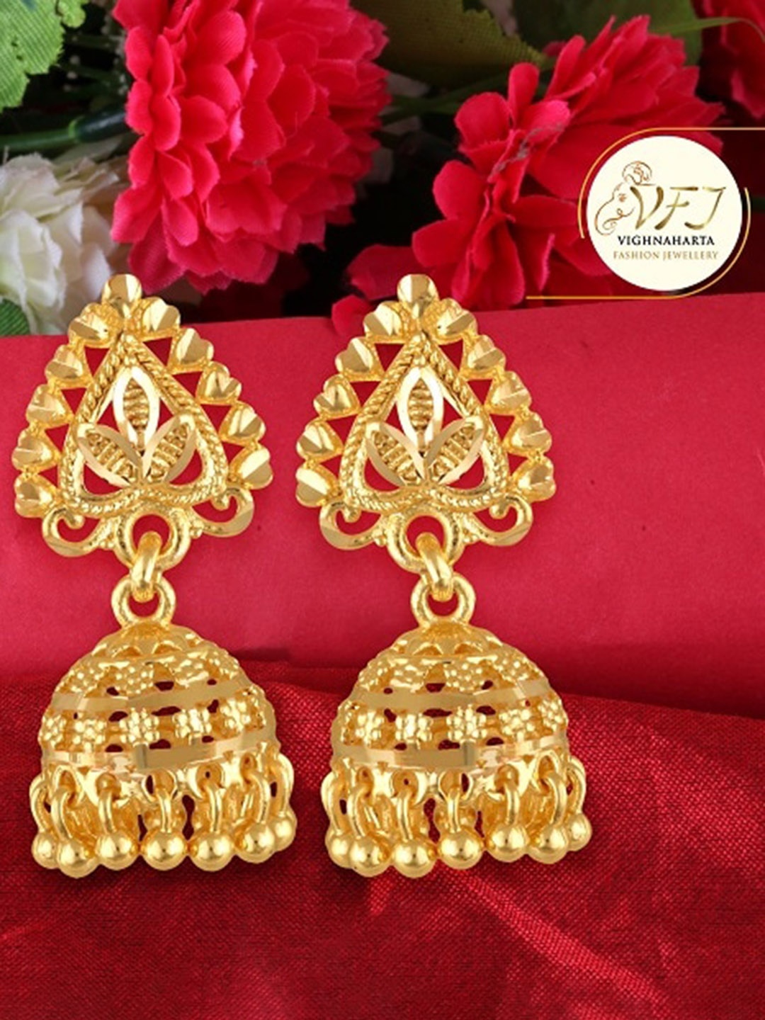 Vighnaharta Gold-Plated Floral Jhumkas