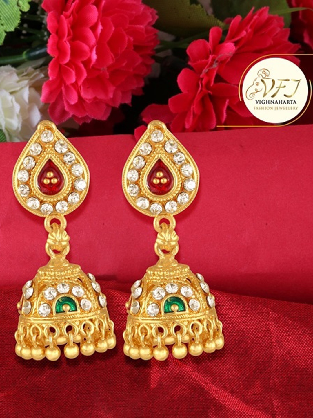 

Vighnaharta Gold-Plated Floral Pearl Plated Jhumkas Earrings
