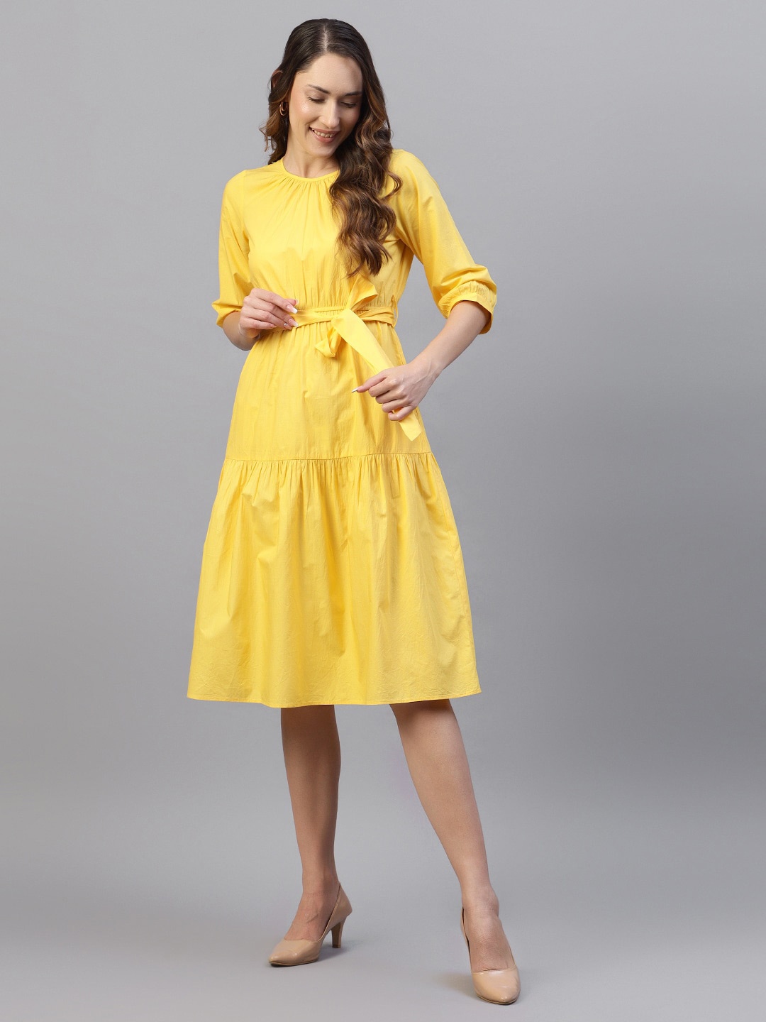 

Hencemade Tiered Dress With Belt, Yellow