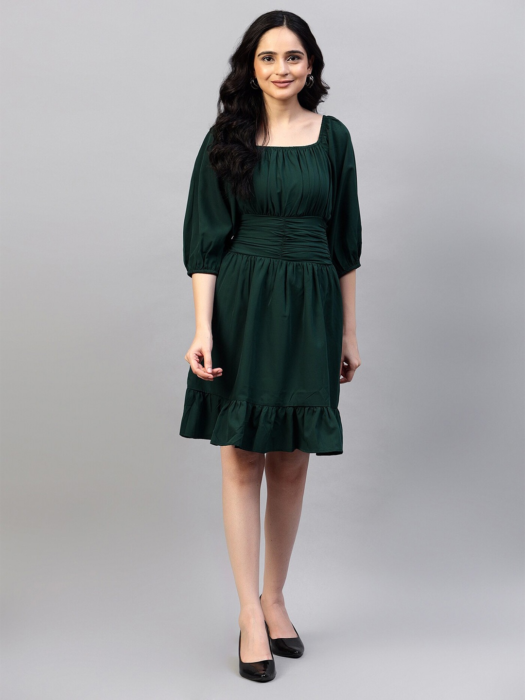 

Hencemade Square Neck Puff Sleeves Fit & Flare Dress, Green