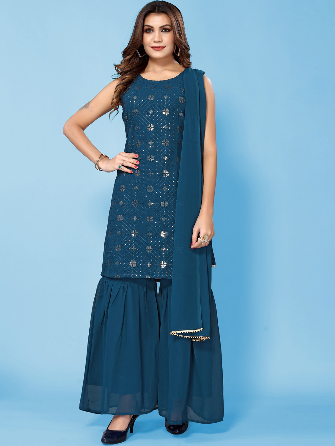 

Happy Design Ethnic Motifs Embroidered Regular Sequinned Kurti with Sharara & Dupatta, Teal