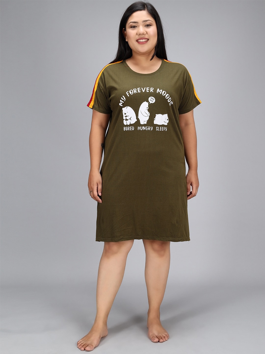 

Christy World Typography Printed Cotton T-shirt Night Dress, Olive