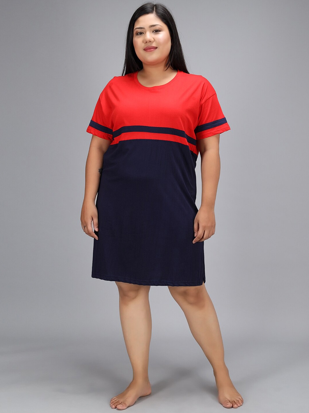 

Christy World Colourblocked Pure Cotton T-shirt Nightdress, Red
