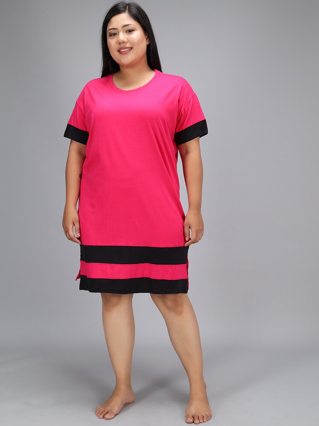 

Christy World Colourblocked Pure Cotton T-shirt Nightdress, Pink